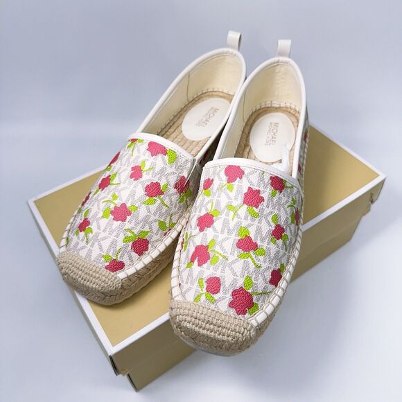 Michael Kors Lenny Espadrille Signature Logo Lux Mini Rose Slip-On Loafer Shoes - Picture 3 of 13